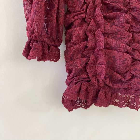Lace Embroidered Sheer Detail Ruffle Ruched High Waist Mini Dress Maroon Small - Picture 11 of 14